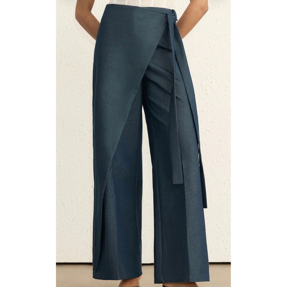 Micas Women Dark Teal Blue Tie Front Asymmetrical Wide Leg Wrap Pants Size S